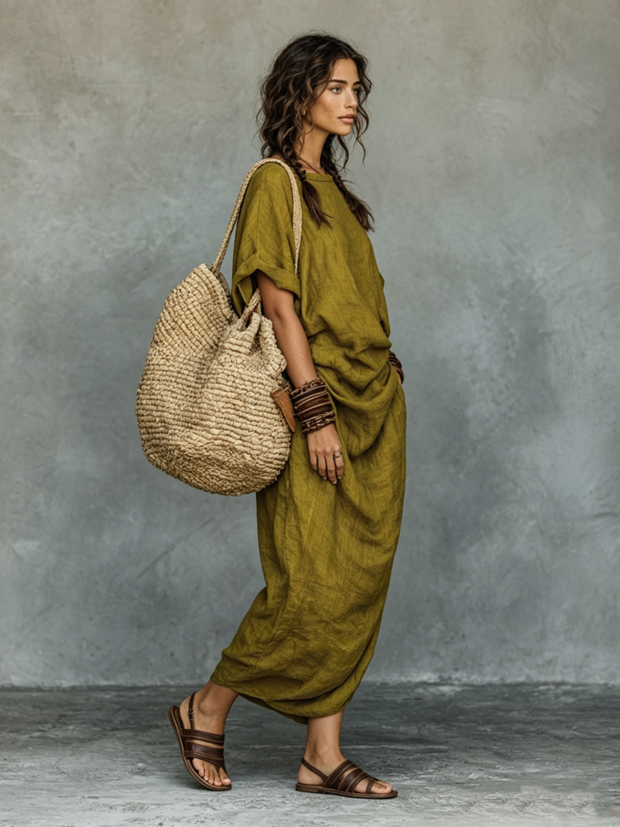 Olive Green Boho Maxi Dress, Linen Look with Pockets