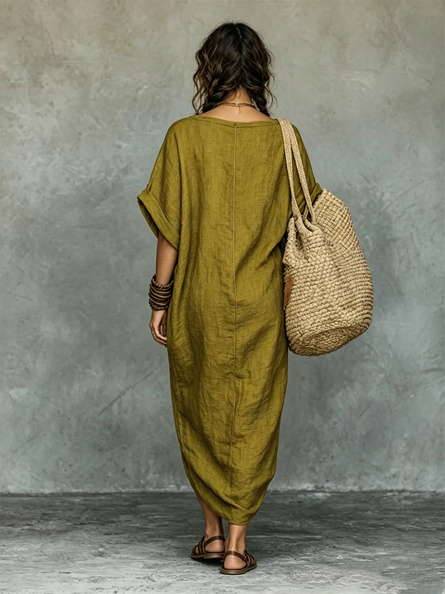 Olive Green Boho Maxi Dress, Linen Look with Pockets