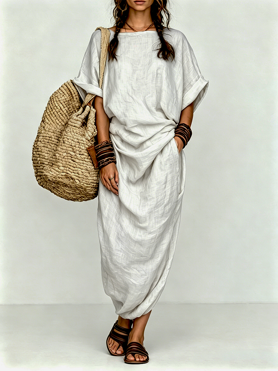Olive Green Boho Maxi Dress, Linen Look with Pockets
