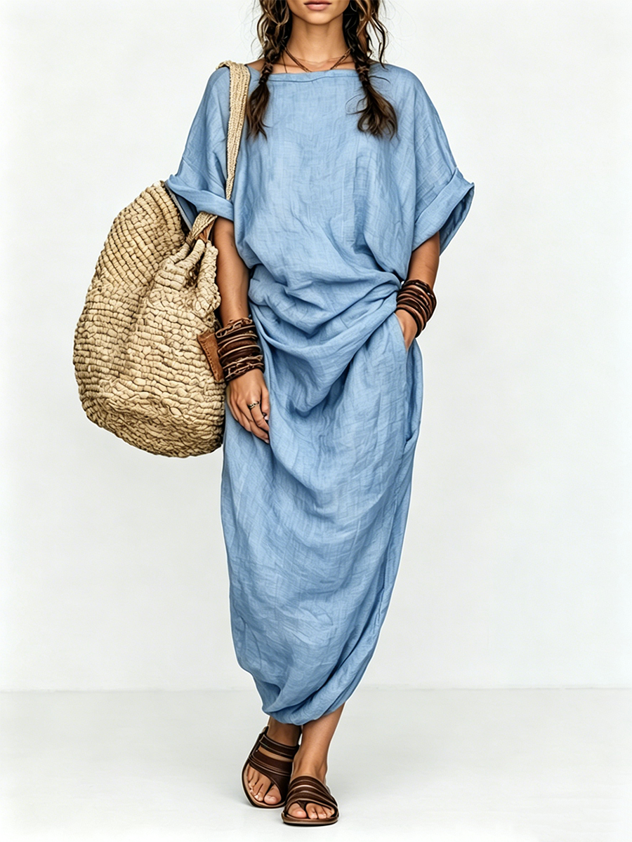 Olive Green Boho Maxi Dress, Linen Look with Pockets