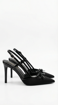 Satin Bow Court Heels with T Strap, Pointed Toe Pumps