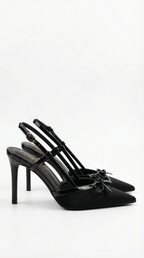 Satin Bow Court Heels with T Strap, Pointed Toe Pumps