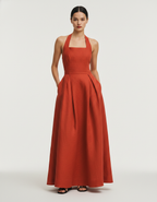 Red Linen Maxi Dress, Halter Neck Pleated Resort Dress