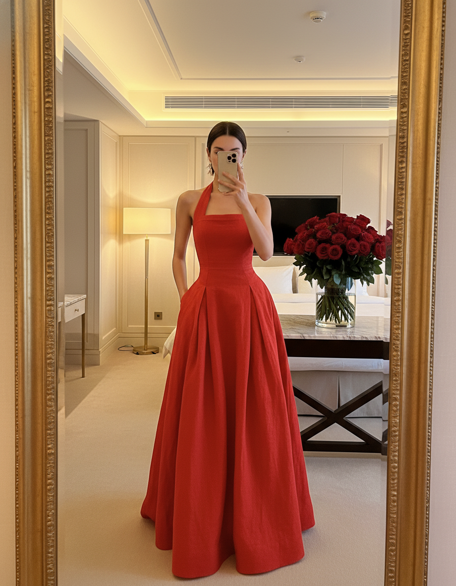 Red Linen Maxi Dress, Halter Neck Pleated Resort Dress