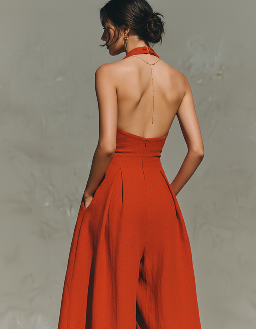 Red Linen Maxi Dress, Halter Neck Pleated Resort Dress