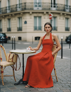 Red Linen Maxi Dress, Halter Neck Pleated Resort Dress