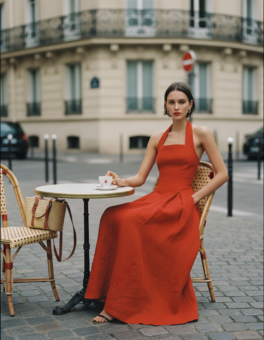 Red Linen Maxi Dress, Halter Neck Pleated Resort Dress