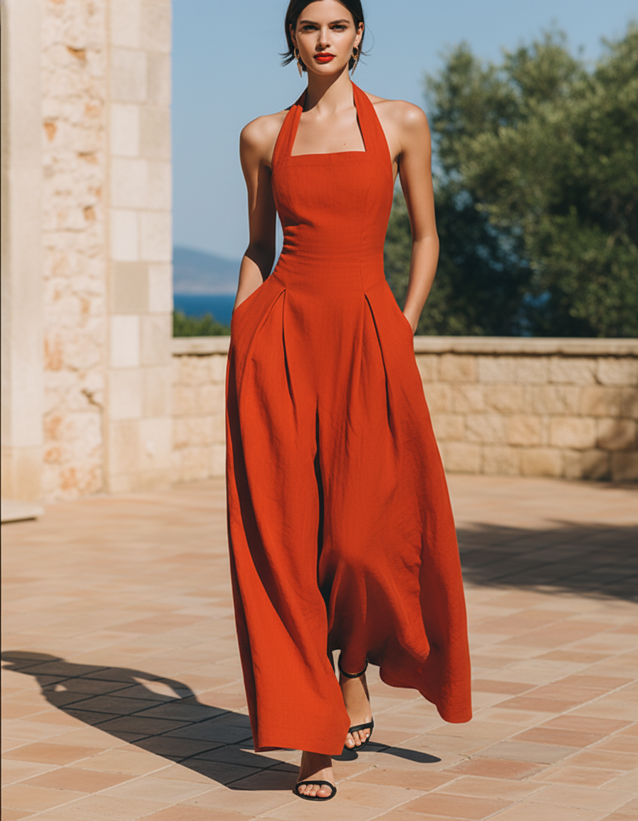 Red Linen Maxi Dress, Halter Neck Pleated Resort Dress
