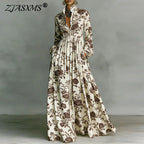 Women’s Retro Pattern Print High Waist Pleated Maxi Dress – Shirt Collar Button Front Long Sleeve Boho Vacation Dress