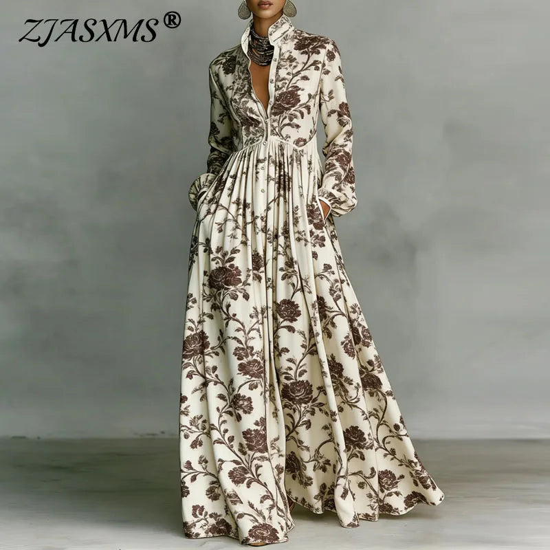 Women’s Retro Pattern Print High Waist Pleated Maxi Dress – Shirt Collar Button Front Long Sleeve Boho Vacation Dress