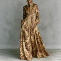 Women’s Vintage Retro Print Shirt Collar Maxi Dress – Button Front Pleated Boho Long Sleeve Dress with Pockets