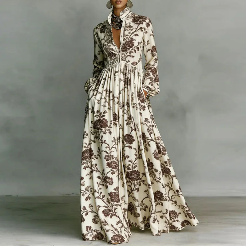 Women’s Vintage Retro Print Shirt Collar Maxi Dress – Button Front Pleated Boho Long Sleeve Dress with Pockets