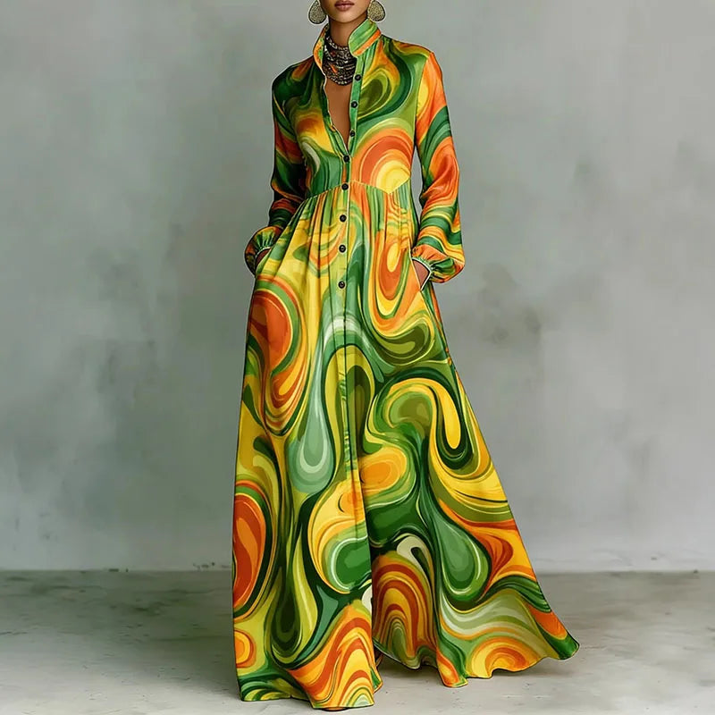 Women’s Vintage Retro Print Shirt Collar Maxi Dress – Button Front Pleated Boho Long Sleeve Dress with Pockets