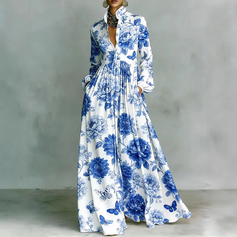 Women’s Vintage Retro Print Shirt Collar Maxi Dress – Button Front Pleated Boho Long Sleeve Dress with Pockets