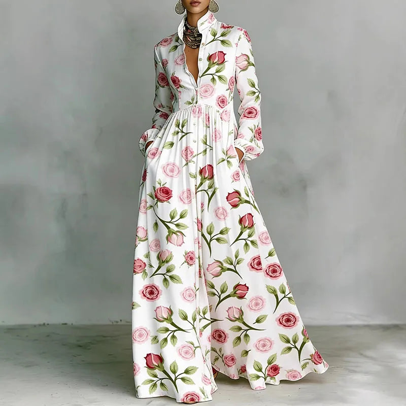 Women’s Vintage Retro Print Shirt Collar Maxi Dress – Button Front Pleated Boho Long Sleeve Dress with Pockets