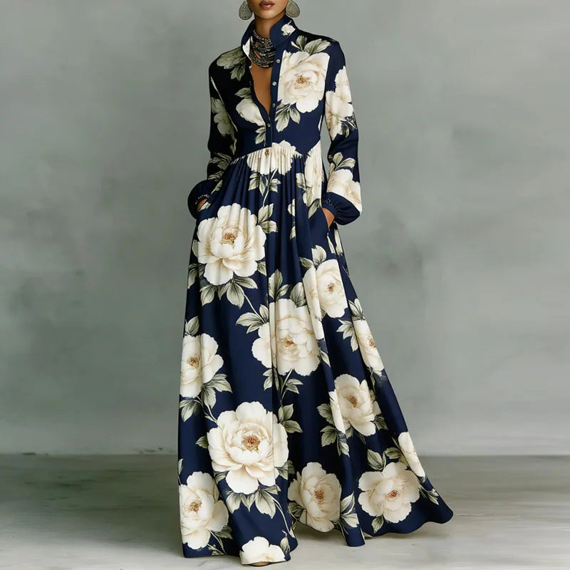 Women’s Vintage Retro Print Shirt Collar Maxi Dress – Button Front Pleated Boho Long Sleeve Dress with Pockets