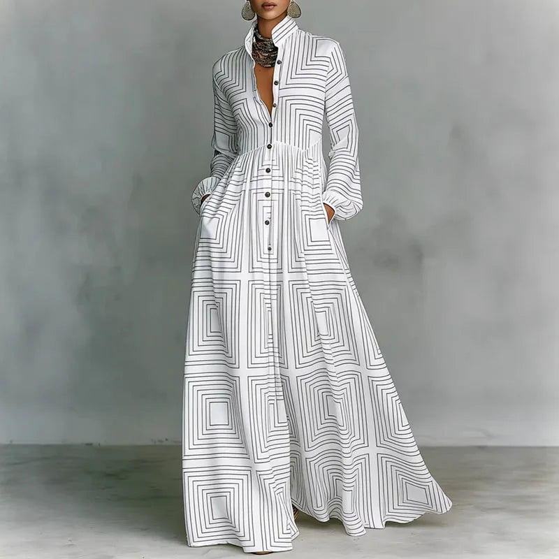 Women’s Retro Pattern Print High Waist Pleated Maxi Dress – Shirt Collar Button Front Long Sleeve Boho Vacation Dress
