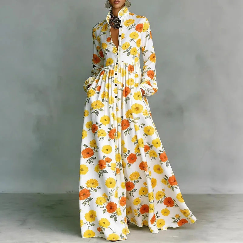 Women’s Vintage Retro Print Shirt Collar Maxi Dress – Button Front Pleated Boho Long Sleeve Dress with Pockets