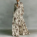 Women’s Retro Pattern Print High Waist Pleated Maxi Dress – Shirt Collar Button Front Long Sleeve Boho Vacation Dress