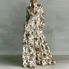 Women’s Retro Pattern Print High Waist Pleated Maxi Dress – Shirt Collar Button Front Long Sleeve Boho Vacation Dress