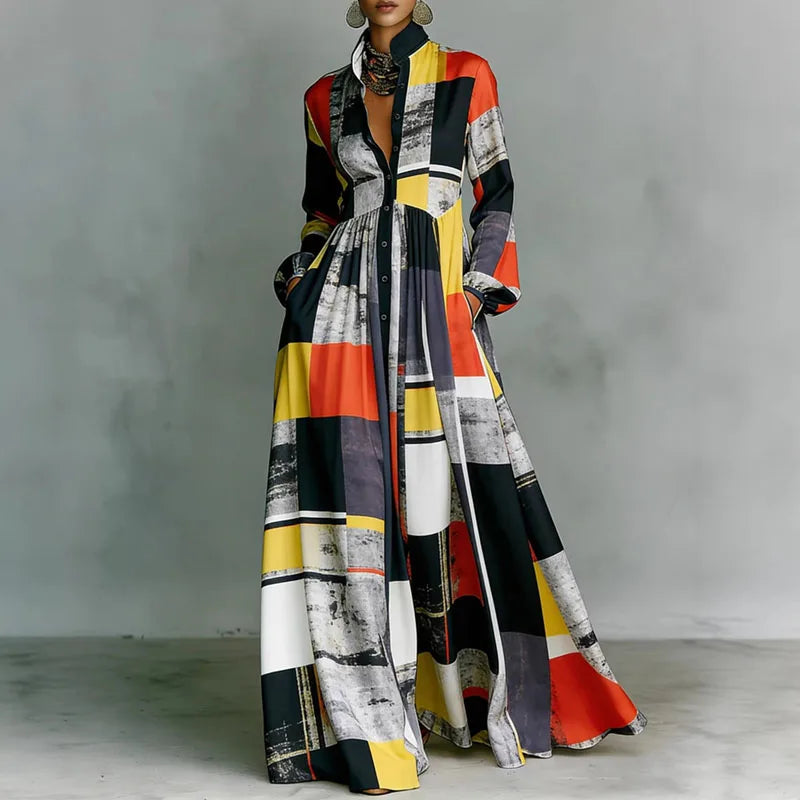 Women’s Vintage Retro Print Shirt Collar Maxi Dress – Button Front Pleated Boho Long Sleeve Dress with Pockets