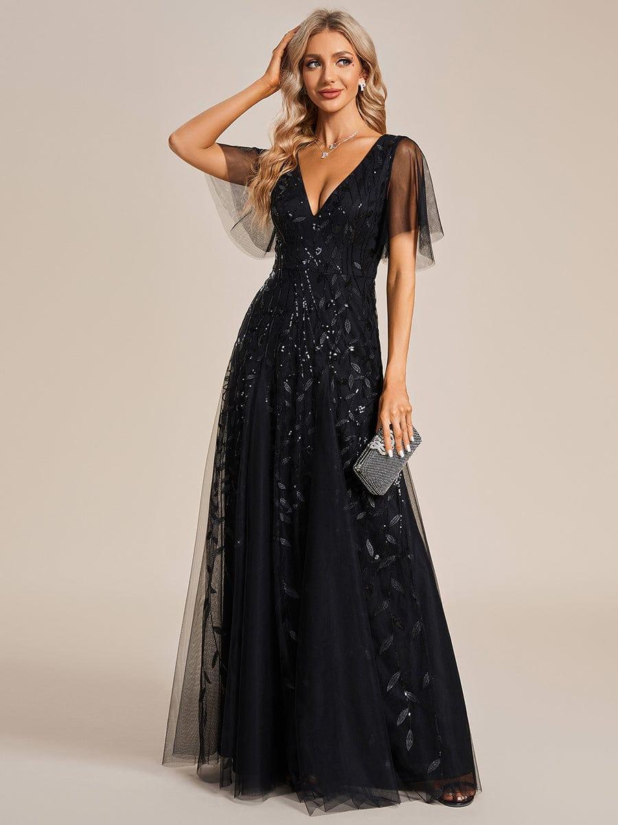 Sequin Evening Dress, Ruffle Sleeve Maxi Gown