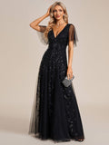 Sequin Evening Dress, Ruffle Sleeve Maxi Gown