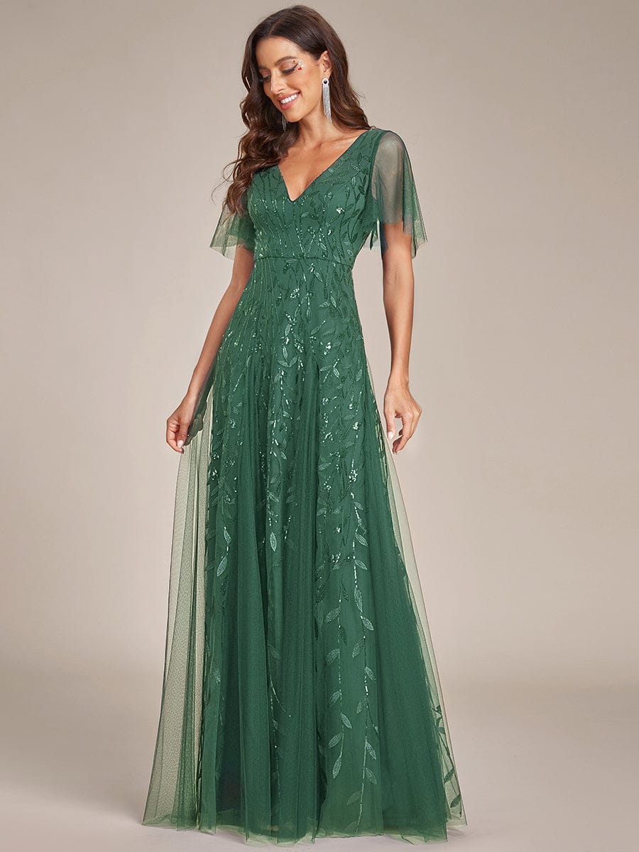 Sequin Evening Dress, Ruffle Sleeve Maxi Gown