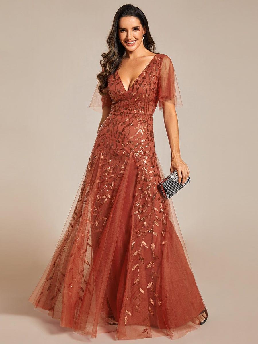 Sequin Evening Dress, Ruffle Sleeve Maxi Gown