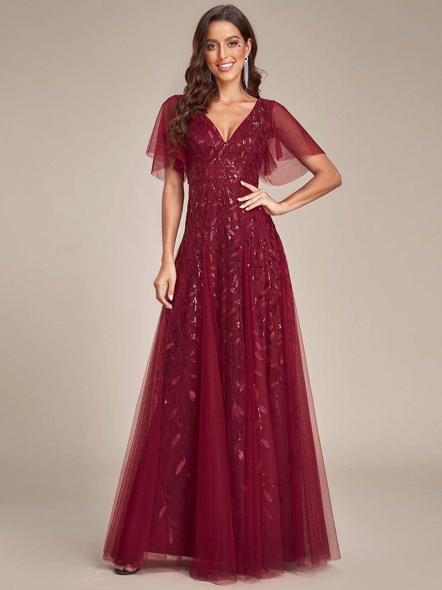 Sequin Evening Dress, Ruffle Sleeve Maxi Gown
