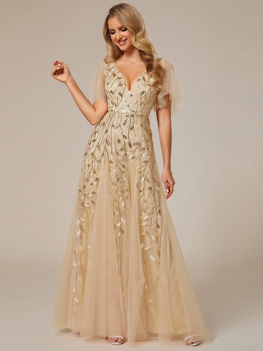 Sequin Evening Dress, Ruffle Sleeve Maxi Gown