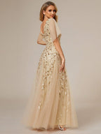 Sequin Evening Dress, Ruffle Sleeve Maxi Gown
