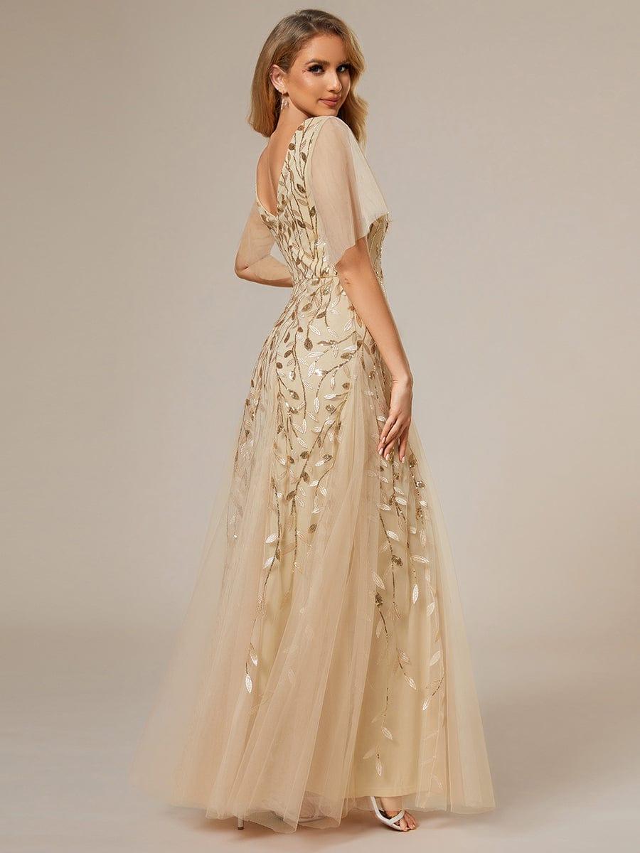 Sequin Evening Dress, Ruffle Sleeve Maxi Gown