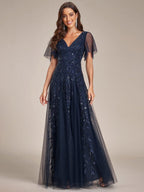 Sequin Evening Dress, Ruffle Sleeve Maxi Gown