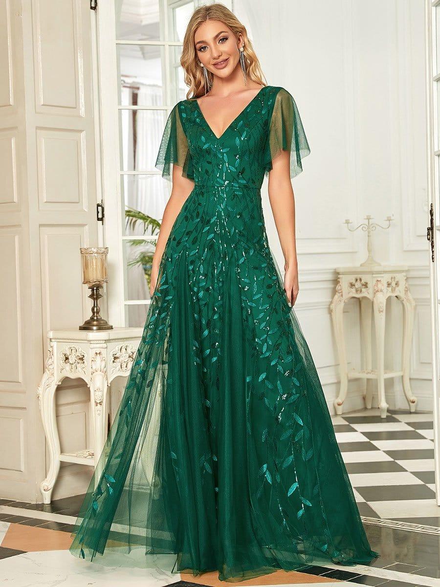 Sequin Evening Dress, Ruffle Sleeve Maxi Gown