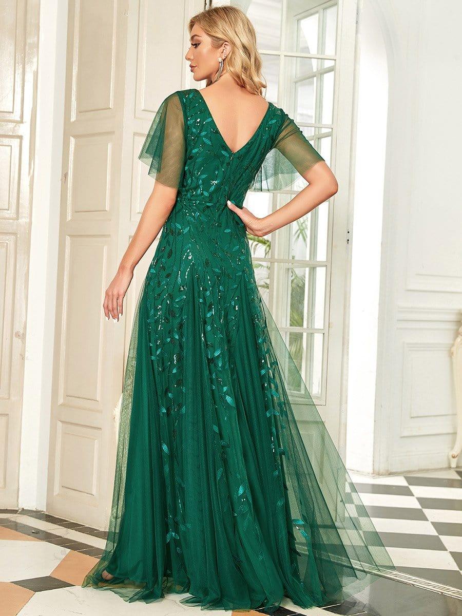 Sequin Evening Dress, Ruffle Sleeve Maxi Gown