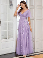 Sequin Evening Dress, Ruffle Sleeve Maxi Gown