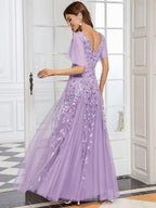 Sequin Evening Dress, Ruffle Sleeve Maxi Gown