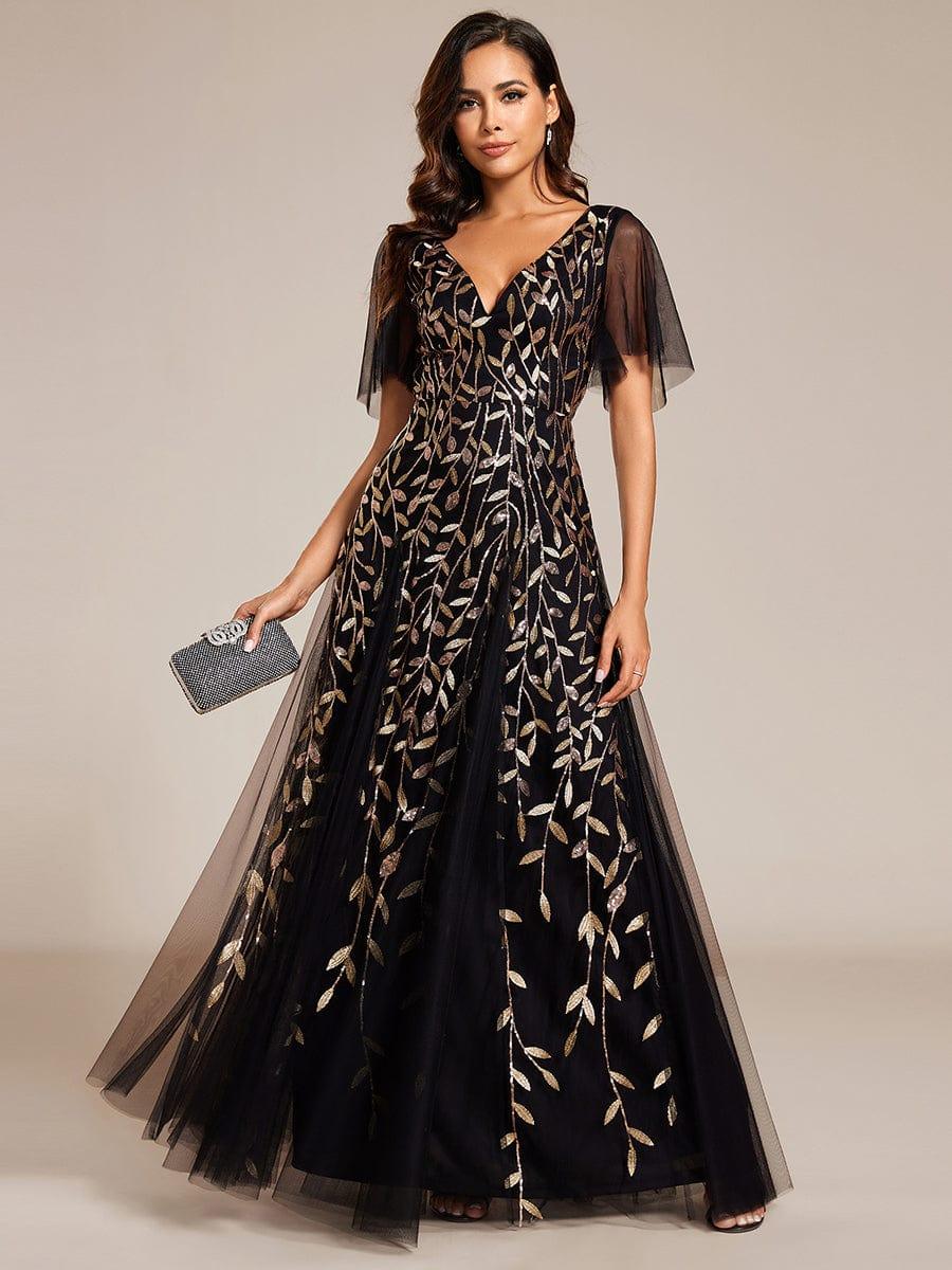 Sequin Evening Dress, Ruffle Sleeve Maxi Gown