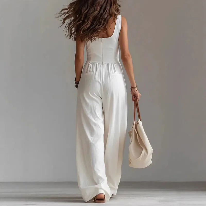 Sexy V Neck Button Wide Leg Jumpsuit Elegant Solid High Waist Woman Romper 2026 Spring Summer Sleeveless Vacation Beach Overalls