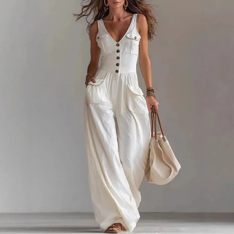 Sexy V Neck Button Wide Leg Jumpsuit Elegant Solid High Waist Woman Romper 2026 Spring Summer Sleeveless Vacation Beach Overalls
