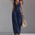 Sexy V Neck Button Wide Leg Jumpsuit Elegant Solid High Waist Woman Romper 2026 Spring Summer Sleeveless Vacation Beach Overalls