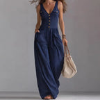 Sexy V Neck Button Wide Leg Jumpsuit Elegant Solid High Waist Woman Romper 2026 Spring Summer Sleeveless Vacation Beach Overalls