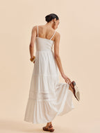Women’s Collarless Sleeveless Maxi Dress with Detachable Shoulder Strap – Elegant Vacation Casual Dress with Invisible Zipper