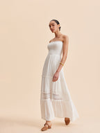 Women’s Collarless Sleeveless Maxi Dress with Detachable Shoulder Strap – Elegant Vacation Casual Dress with Invisible Zipper