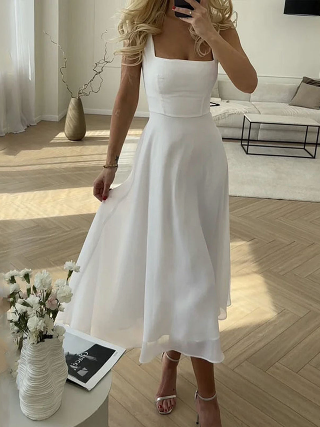 Women’s Elegant Square Neck Sleeveless Maxi Dress – Minimalist Woven Occasion Dress for Work, Wedding & Vacation