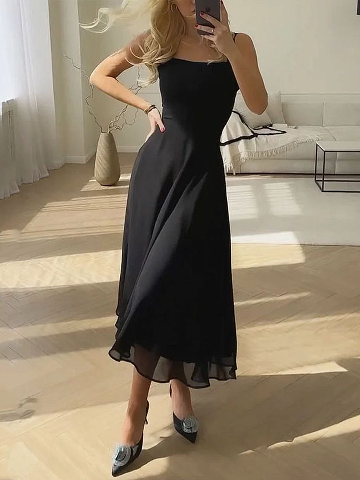 Women’s Elegant Square Neck Sleeveless Maxi Dress – Minimalist Woven Occasion Dress for Work, Wedding & Vacation