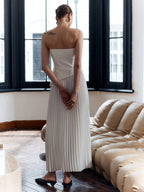 Women’s Elegant Pleated Split Maxi Dress – Sleeveless Collarless Slim Fit Occasion Dress
