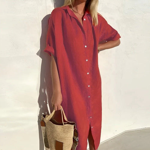 Cotton Shirt Dress, Lightweight Button Front Relaxed Fit