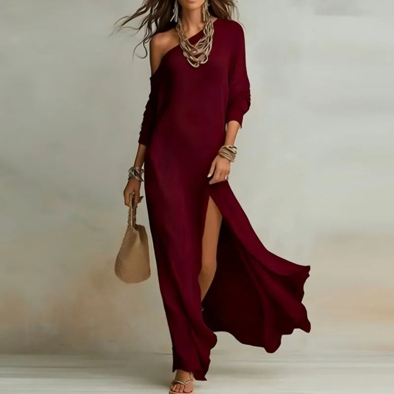 Women’s One-Shoulder Long Sleeve Split Maxi Dress – Sexy Bohemian Skew Collar Elegant Holiday Slim Fit Dress